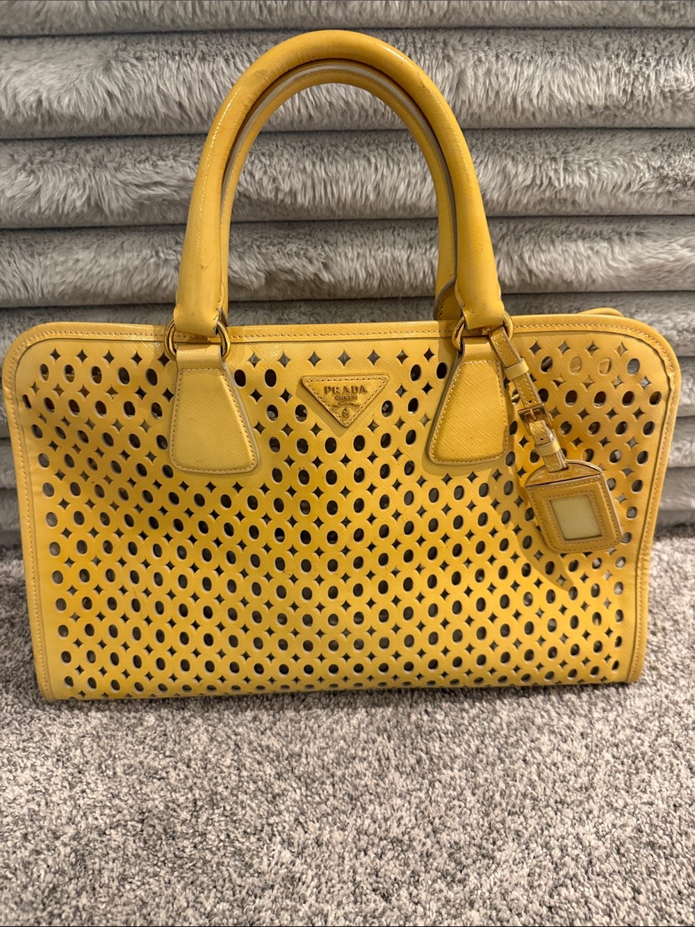 Prada Yellow Perforated Leather Satchel